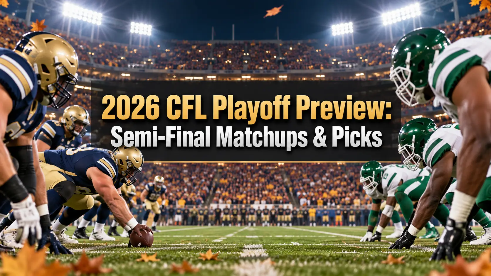 2026 CFL playoff preview title graphic showing generic football players in a night stadium with the headline “2026 CFL Playoff Preview: Semi-Final Matchups & Picks”